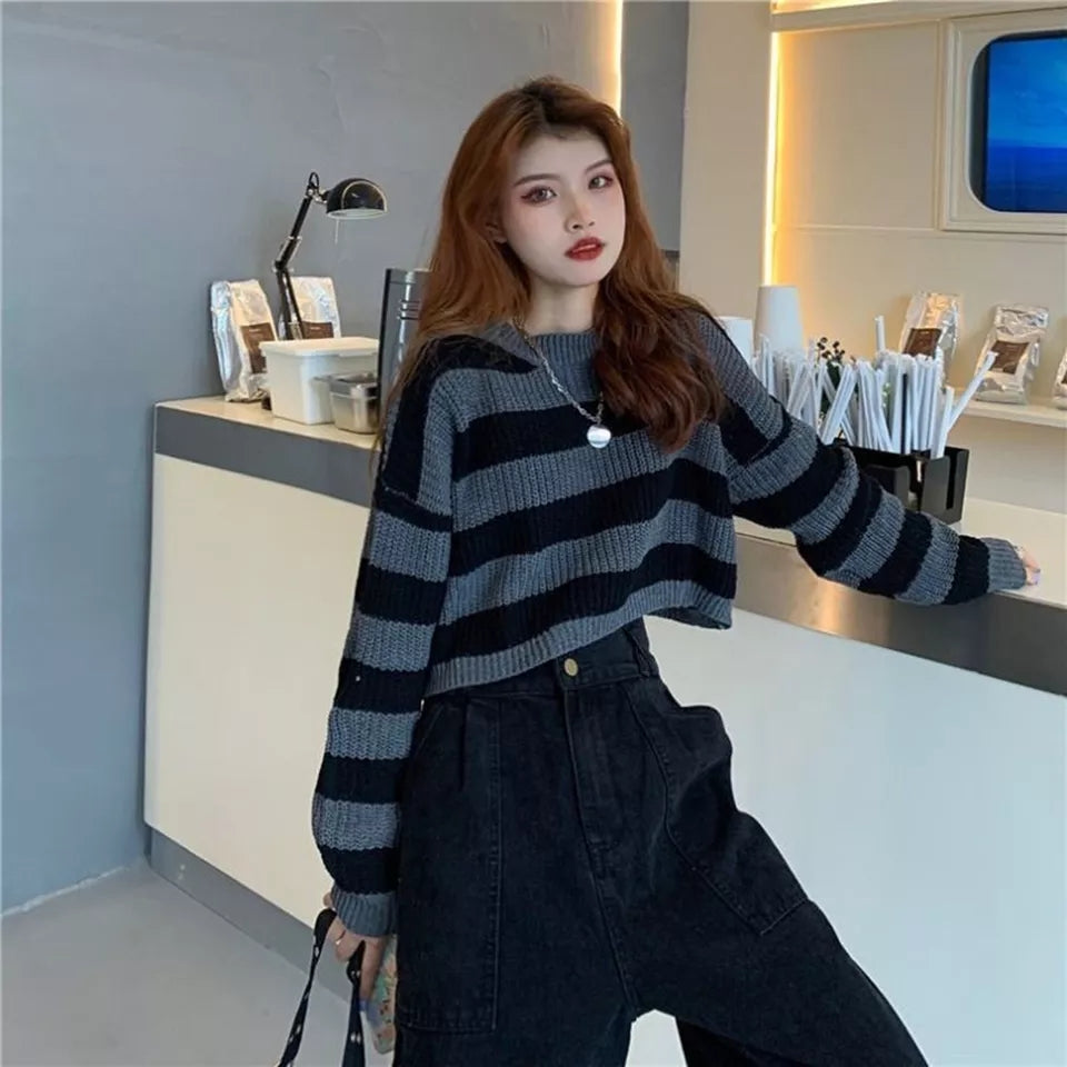 Black & Grey Striped Cropped Long Sleeve Sweater