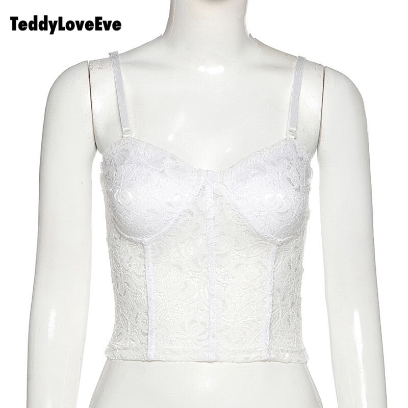 Cute Sexy Floral Lace Corset Camisole Tank Crop Top Sleeveless Shirt Bodycon Goth Punk Summer Casual E-Girl Kawaii Korean Japanese Harajuku Streetwear
