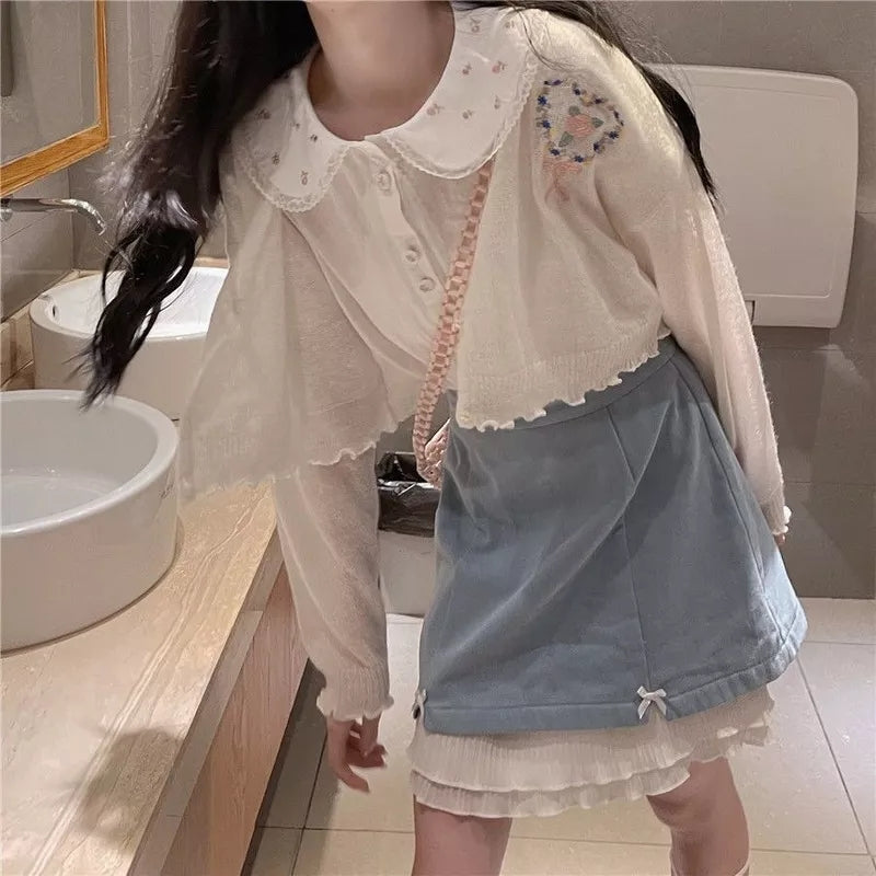 White Preppy Flower Embroidery Short Sleeve Blouse