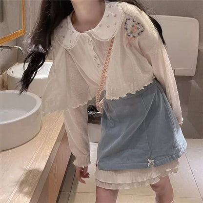 White Preppy Flower Embroidery Short Sleeve Blouse