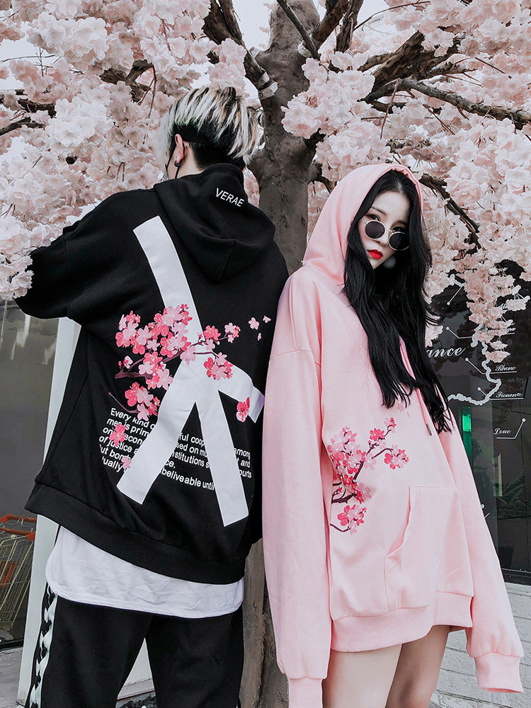 Cute Cherry Blossom Sakura Flower Print Oversized Unisex Long Sleeve Hoodie Sweater Sweatshirt E-Girl Kawaii Korean Japanese Harajuku Streetwear