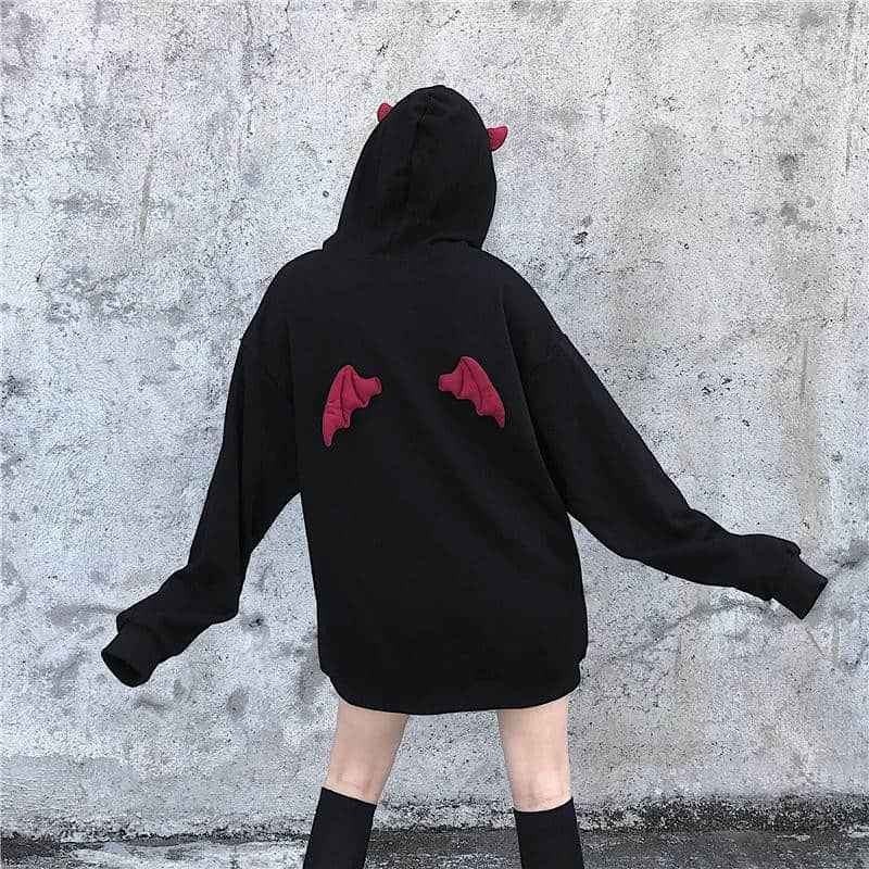 Cute Black Demon Wing Devil Horns Oversized Hoodie Long Sleeve Shirt Sweater Sweatshirt Punk Goth E-Girl Kawaii Korean Japanese Harajuku Streetwear