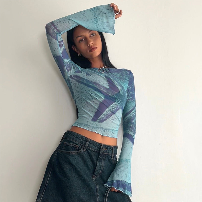Starfish Mesh Graphic Print Flare Long Sleeve Shirt