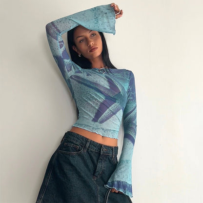 Starfish Mesh Graphic Print Flare Long Sleeve Shirt