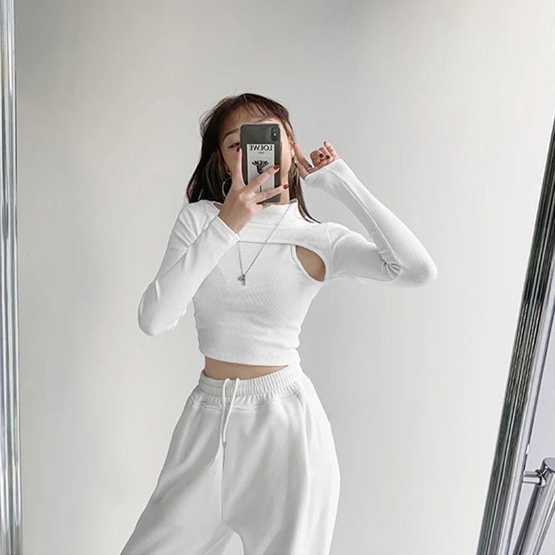 Cute 2pcs K-pop Black White Hollow Knit Long Sleeve Shirt Crop Top Fitness Streetwear Summer Aesthetic Casual E-Girl Kawaii Korean Japanese Harajuku