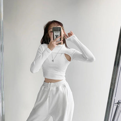 Cute 2pcs K-pop Black White Hollow Knit Long Sleeve Shirt Crop Top Fitness Streetwear Summer Aesthetic Casual E-Girl Kawaii Korean Japanese Harajuku
