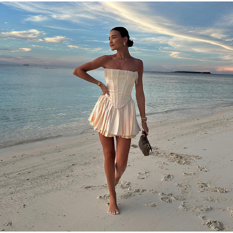 Pearl Tassel Pleated Mini Dress