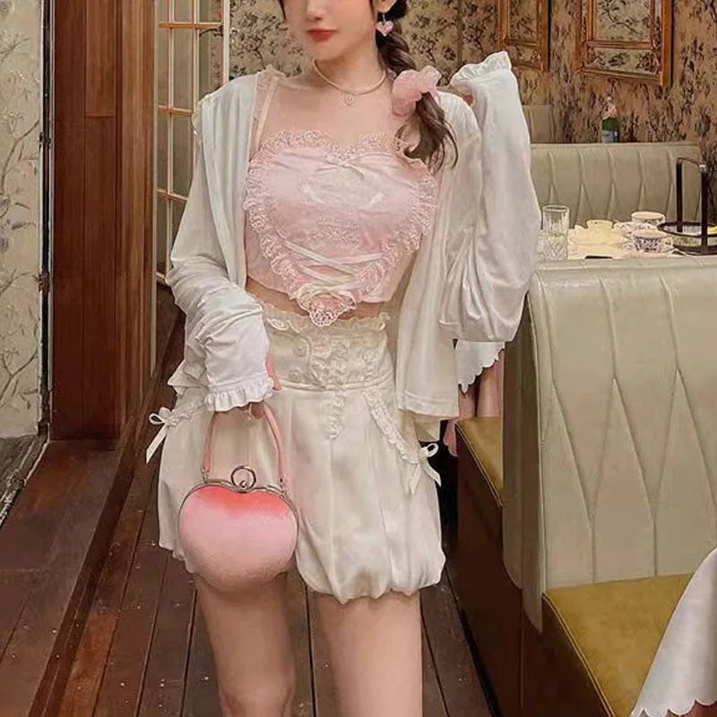 Cute Pink Lace Heart Frill Bustier Tank Crop Top Corset Summer Aesthetic Casual E-Girl Kawaii Korean Japanese Harajuku