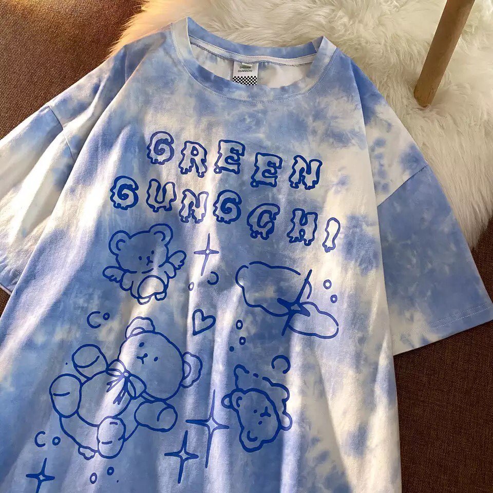 Cute Vintage Retro 90s Tie Dye Aesthetic Bear Short Sleeve Tee Shirt Top Oversize Loose Summer E-Girl Kawaii Korean Japanese Harajuku Streetwear