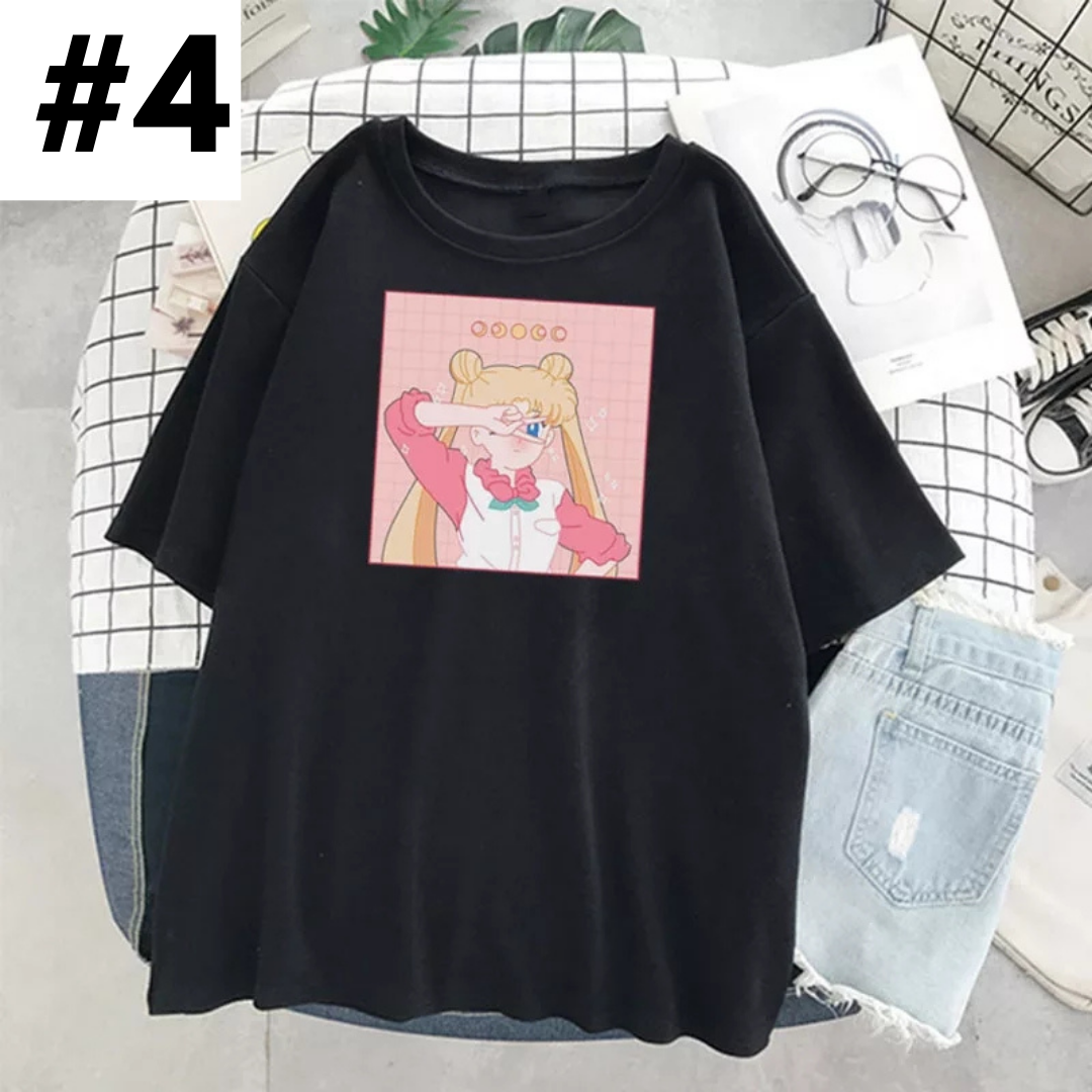 Pastel Pink Japanese Anime Girl Cartoon Print Oversized Short Sleeve Shirt