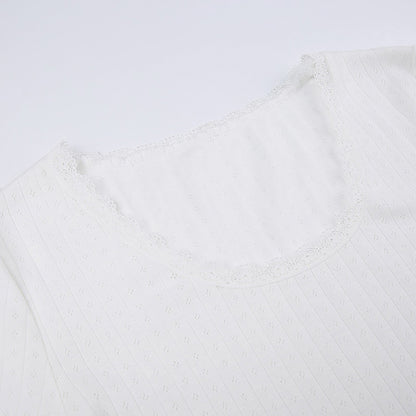 White Ribbed Lace Long Sleeve Shirt
