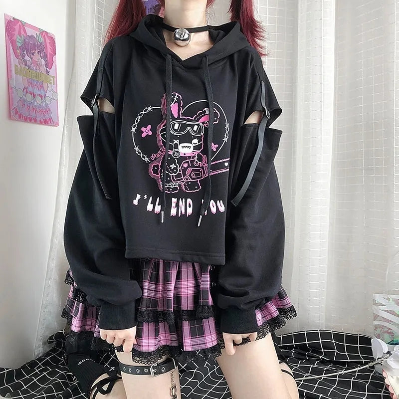 Rabbit Punk Print Hollow Out Hoodie