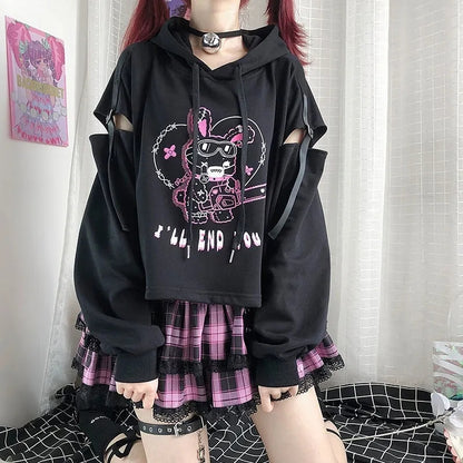 Rabbit Punk Print Hollow Out Hoodie