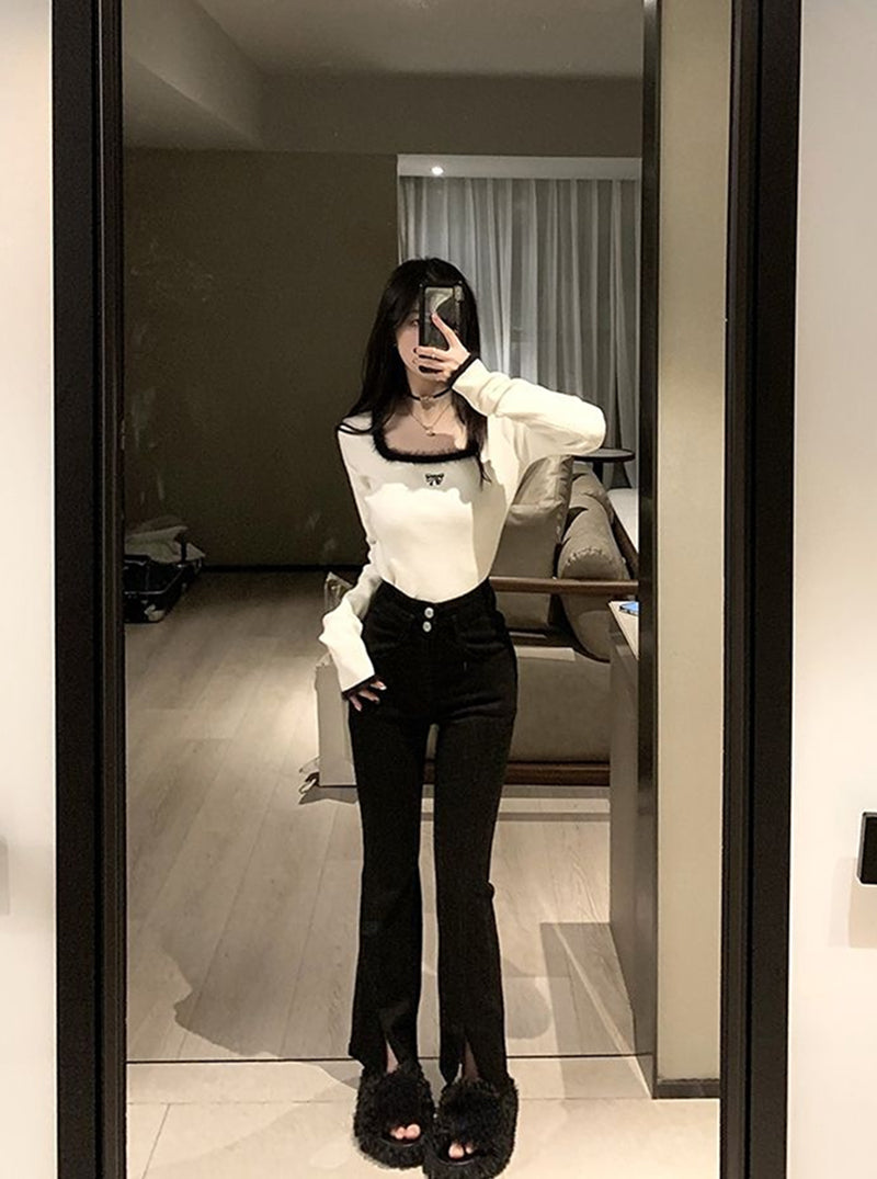Black Bow Fluffy Square Collar Jumper