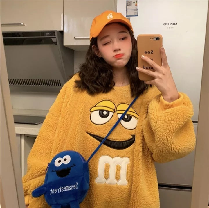 Cute Chocolate M Funny Cartoon Plush Oversize Long Sleeve Shirt Hoodie Pullover Sweatshirt Aesthetic Casual E-Girl Kawaii Korean Japanese Harajuku