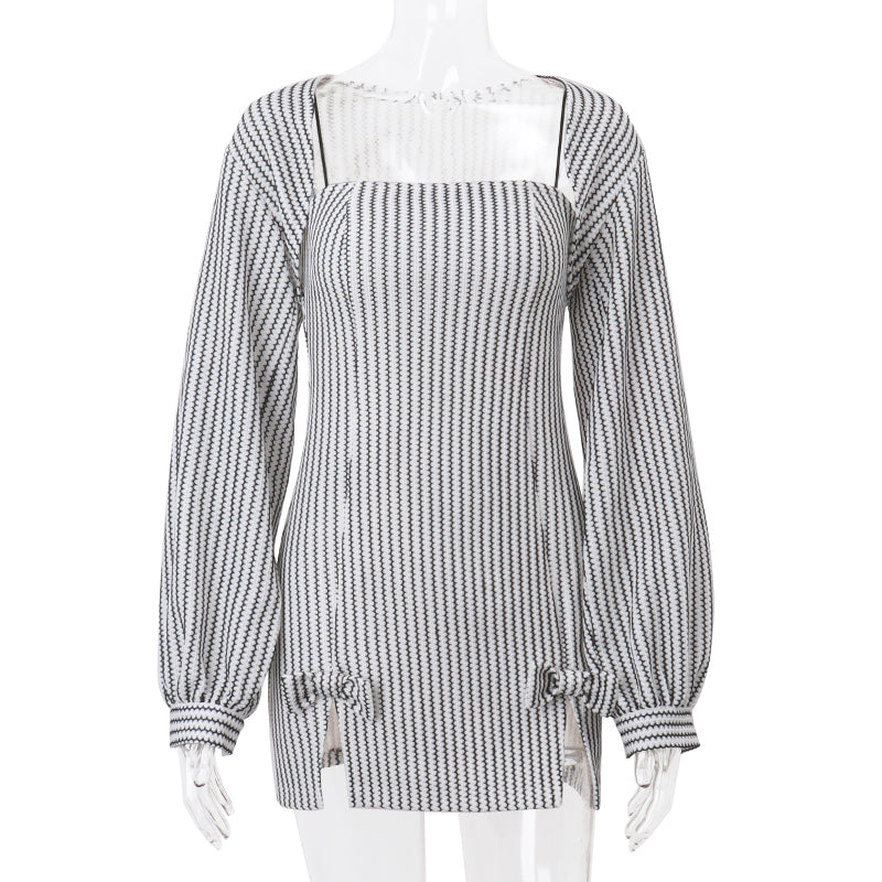 2PCS Vertical Stripe Slip Dress + Jacket