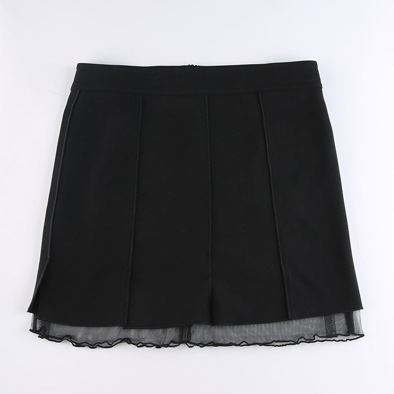 Black Split Mesh Frill Patchwork Mini Skirt