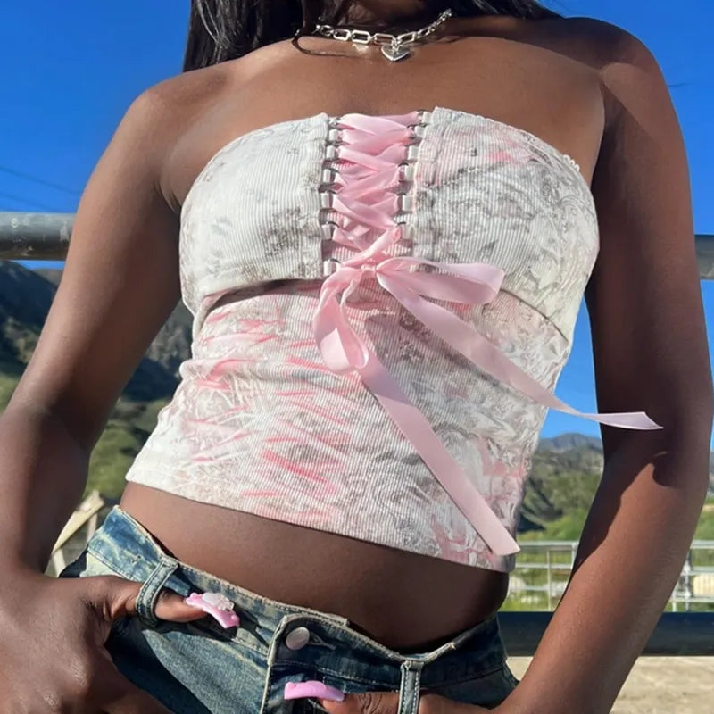 Pink Floral Ribbon Lace Up Corset Top