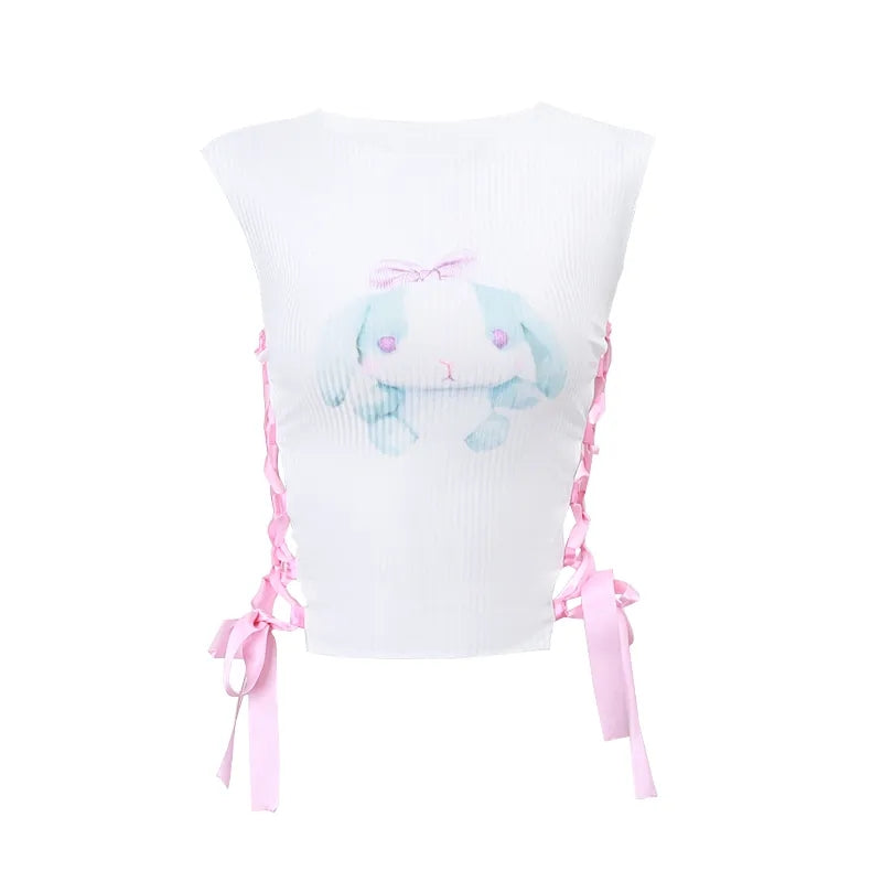 Rabbit Print Side Cross Ribbon Tank Top