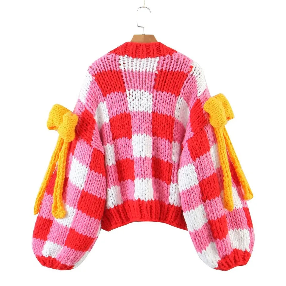 3D Red & White Crochet Cardigan with Yellow Bow