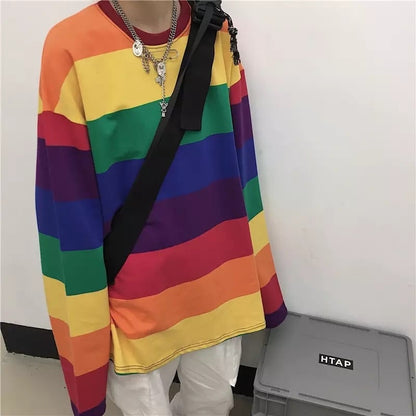 Colorful Rainbow Striped Oversize Loose Long Sleeve Shirt Top T-shirt O Neck Casual E-Girl Kawaii Korean Japanese Harajuku Streetwear