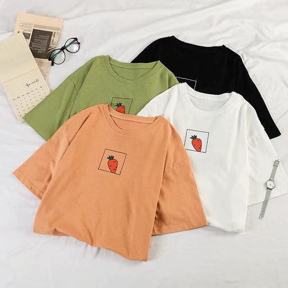 Cute 90s Carrot Print Cartoon vintage Graphic Tee T-shirt Short Sleeve Shirt Top E-Girl Kawaii Korean Japanese Harajuku Retro Streetwear