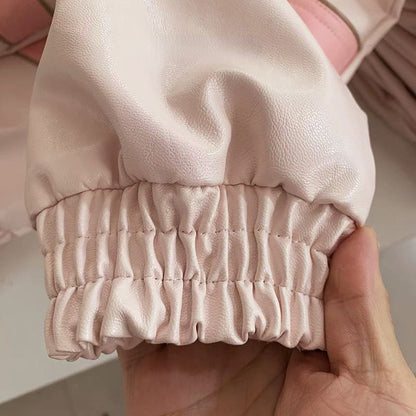 Pink Faux PU Leather Zup Up Cropped Jacket