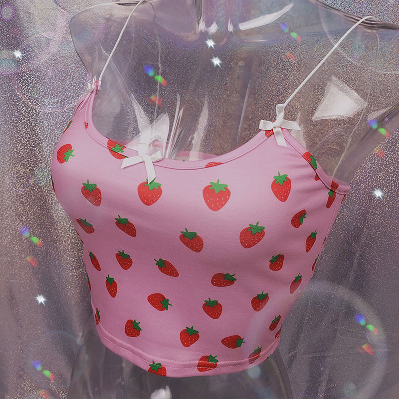Cute Strawberry Fruit Spaghetti Strap Crop Top Camisole Shirt Tee T-shirt E-Girl Kawaii Korean Japanese Harajuku Chinese Retro Streetwear Aesthetic