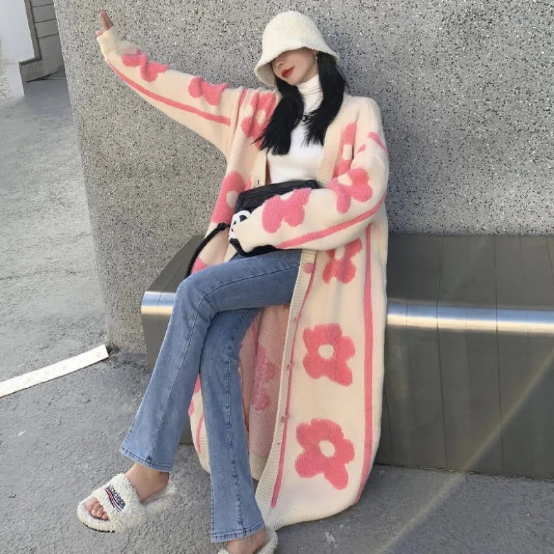 Pink Flower Oversized Knit Cardigan