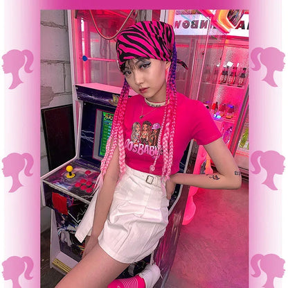 Sexy Pink Cartoon Doll Print Short Sleeve Shirt Crop Top Tee T-shirt Top Causal Summer E-Girl Kawaii Korean Japanese Harajuku Streetwear