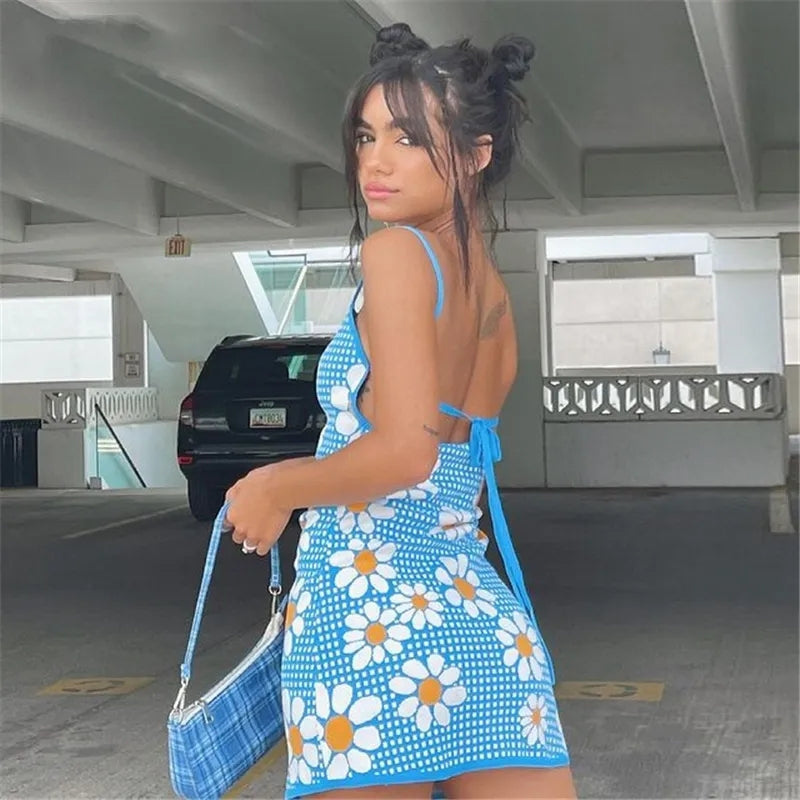 Blue Flower Lace Up Mini Dress