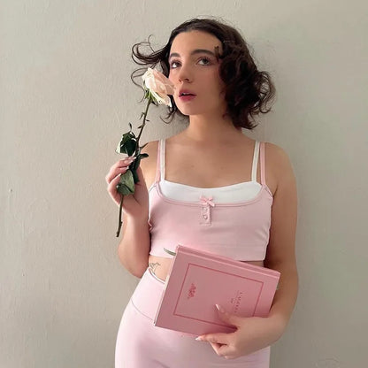 2PCS Pink Bow Spaghetti Strap Crop Top