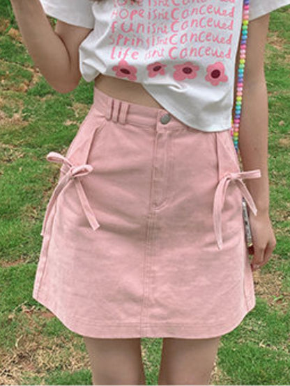 Pink Bow Denim Mini Skirt