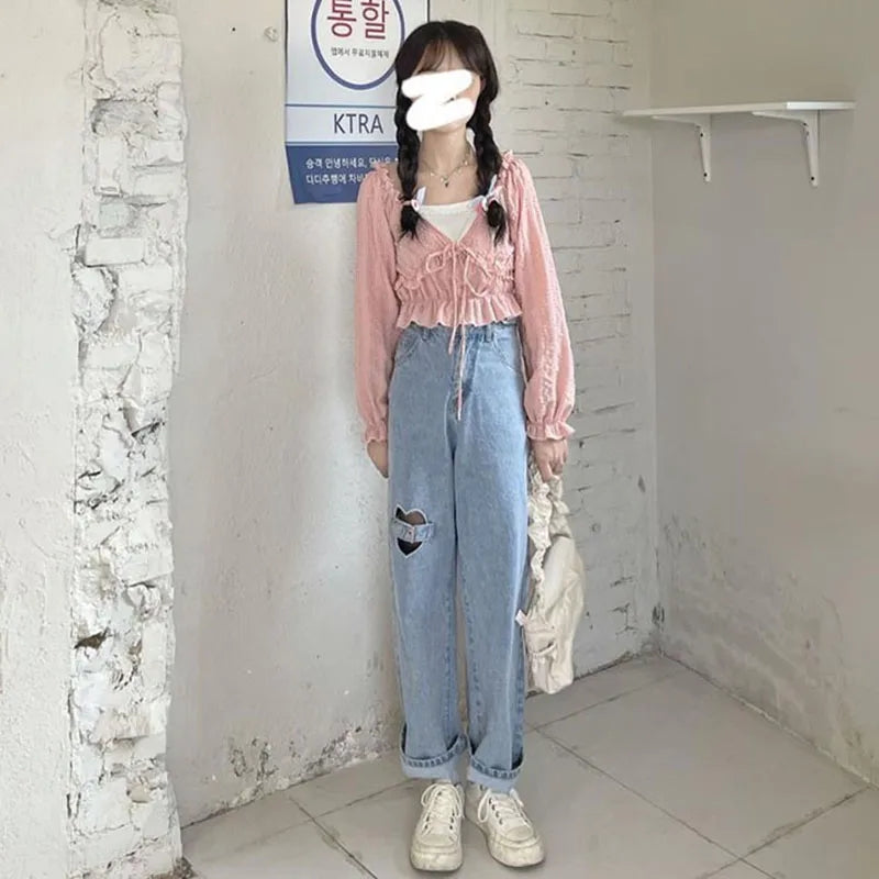 Heart Cut Out Buckle Light Blue Jeans
