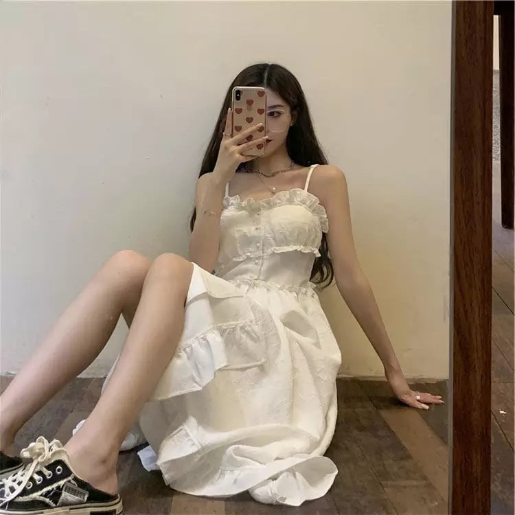 Cute White Ruffle Maxi Dress Fairy Strap Tank Lace Sundress Party Cottage Aesthetic Casual Summer E-Girl Kawaii Korean Japanese Harajuku