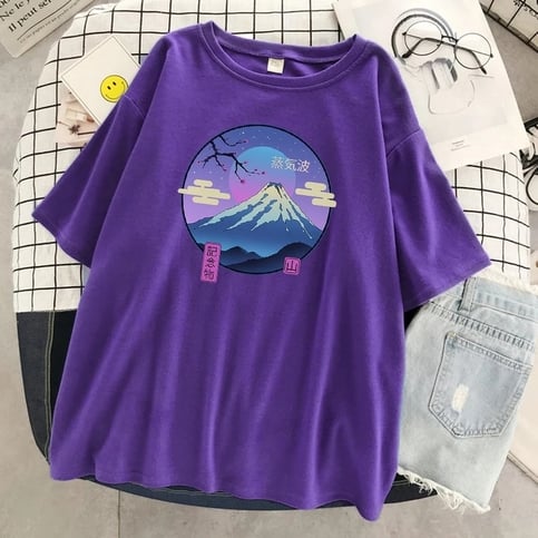Cute Mount Fuji Japan Cartoon Anime Print Oversize Short Sleeve T-shirt Aesthetic Casual Summer E-Girl Kawaii Korean Japanese Harajuku Streetwear