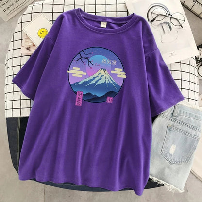 Cute Mount Fuji Japan Cartoon Anime Print Oversize Short Sleeve T-shirt Aesthetic Casual Summer E-Girl Kawaii Korean Japanese Harajuku Streetwear