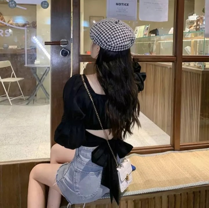 Cute Pink Back Puff Sleeve French Bow Bandage Long Sleeve Shirt Blouse Crop Top Square Neck Aesthetic Casual E-Girl Kawaii Korean Japanese Harajuku