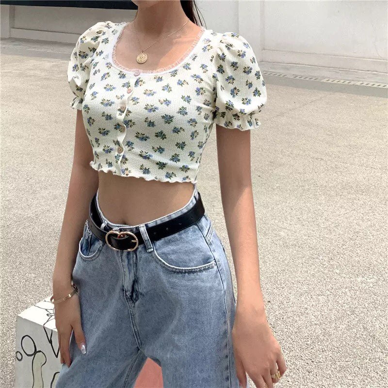 Sweet Floral Print Puff Bell Sleeve Short T-shirt Button Round Neck Crop Top Summer Aesthetic Casual E-Girl Kawaii Korean Japanese Harajuku