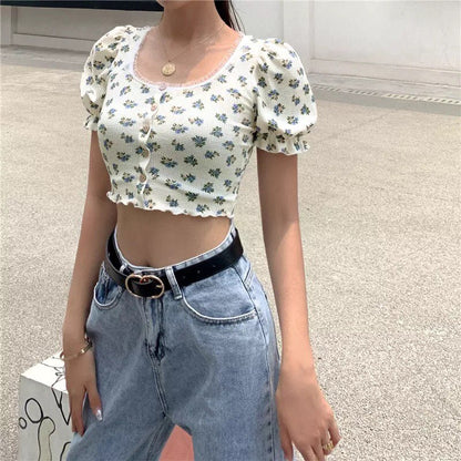 Sweet Floral Print Puff Bell Sleeve Short T-shirt Button Round Neck Crop Top Summer Aesthetic Casual E-Girl Kawaii Korean Japanese Harajuku