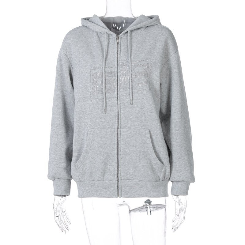 Cute Retro 90s Rhinestone Bling Crystal Zipper Hoodie Long Sleeve Pullover Jumper Sweater Aesthetic E-Girl Kawaii Korean Japanese Harajuku Streetwear
