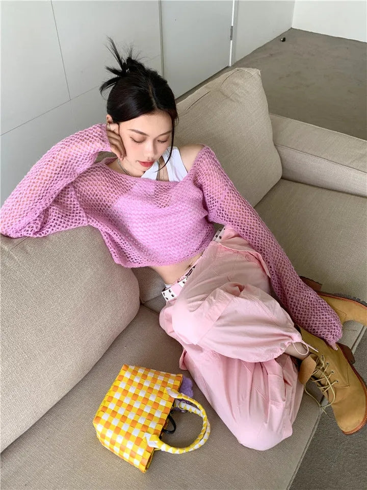 Pink Hollow Out Knit Cropped Sweater