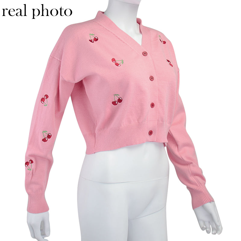 Cute Sweet Cherry Embroidery V Neck Knit Vest Long Sleeve Cardigan Crop Top Sweater Sweatshirt Pullover Jumper E-Girl Kawaii Korean Japanese Harajuku