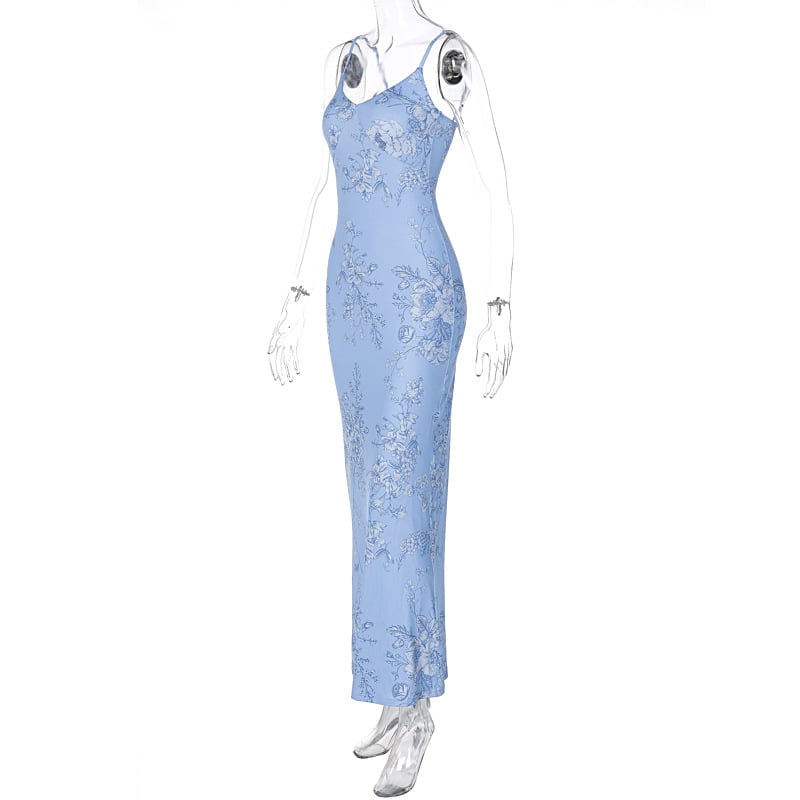 Blue Floral V Beach Maxi Dress