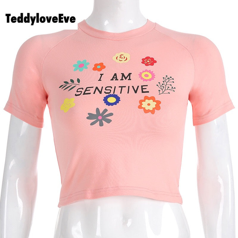 Cute Sensitive Pink Flower Embroidery Sexy Crop Top Short Sleeve Shirt Tee T-shirt Summer Casual E-Girl Kawaii Korean Japanese Harajuku Streetwear