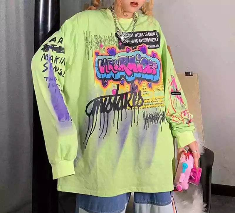Cute Graffiti Art Graphic Print Punk Baggy Hip Hop Oversized Long Sleeve Tee Shirt T-shirt Top E-Girl Kawaii Korean Japanese Harajuku Streetwear
