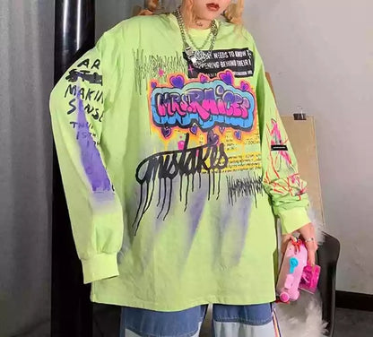 Cute Graffiti Art Graphic Print Punk Baggy Hip Hop Oversized Long Sleeve Tee Shirt T-shirt Top E-Girl Kawaii Korean Japanese Harajuku Streetwear