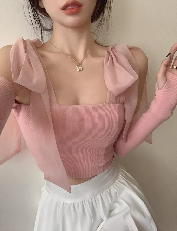 Sweet Pink Bow Knit Long Sleeve Crop Top