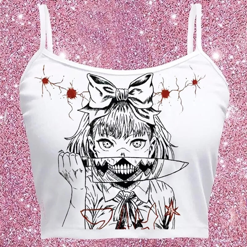 Cute White Killer Knife Anime Girl Cartoon Print Crop Top Camisole Sleeveless Shirt Punk Goth Aesthetic Casual E-Girl Kawaii Korean Japanese Harajuku