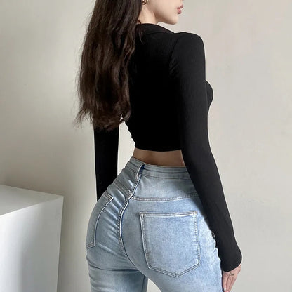 Black Knit V Neck Long Sleeve Crop Top